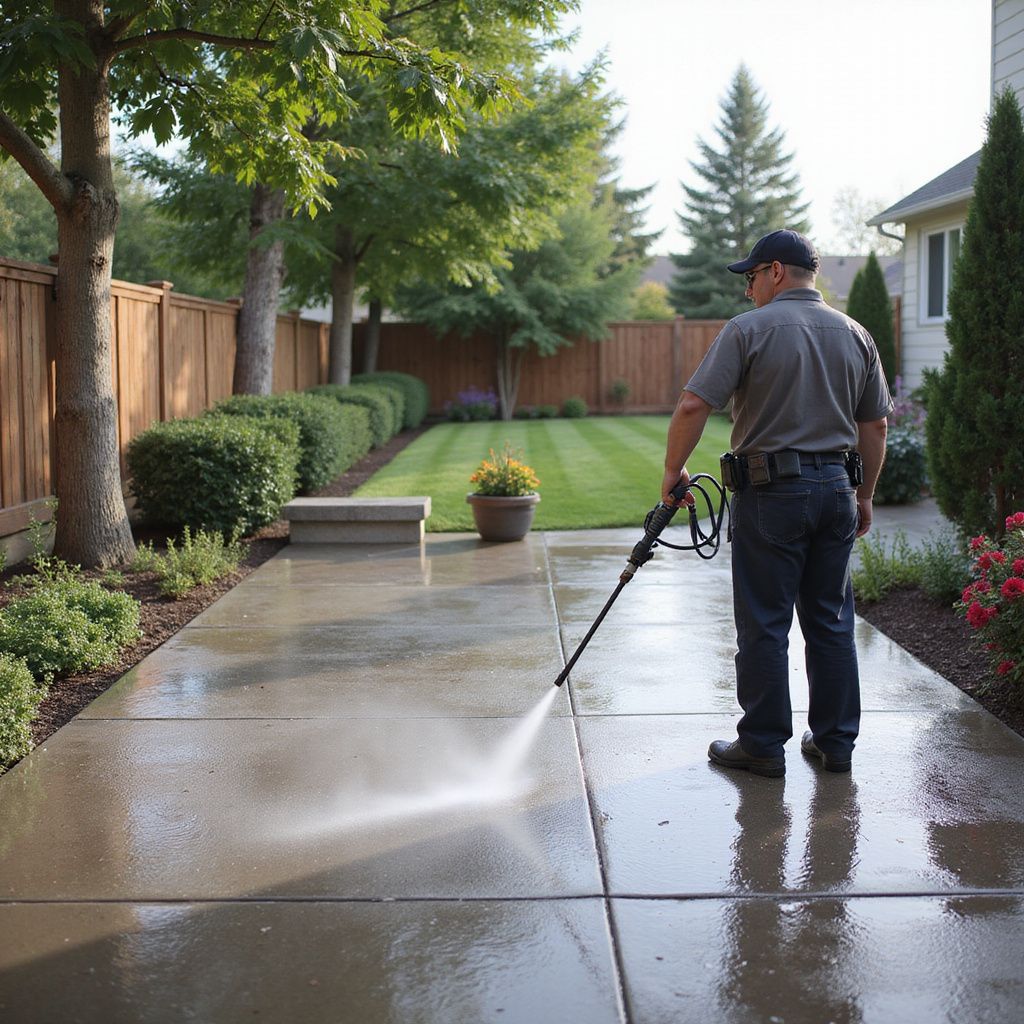 Man power washes a concrete walkway in a backyard, water spraying from a nozzle.