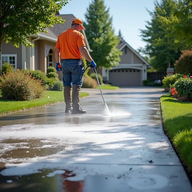 Person in orange shirt pressure washing a concrete driveway in front of a house.