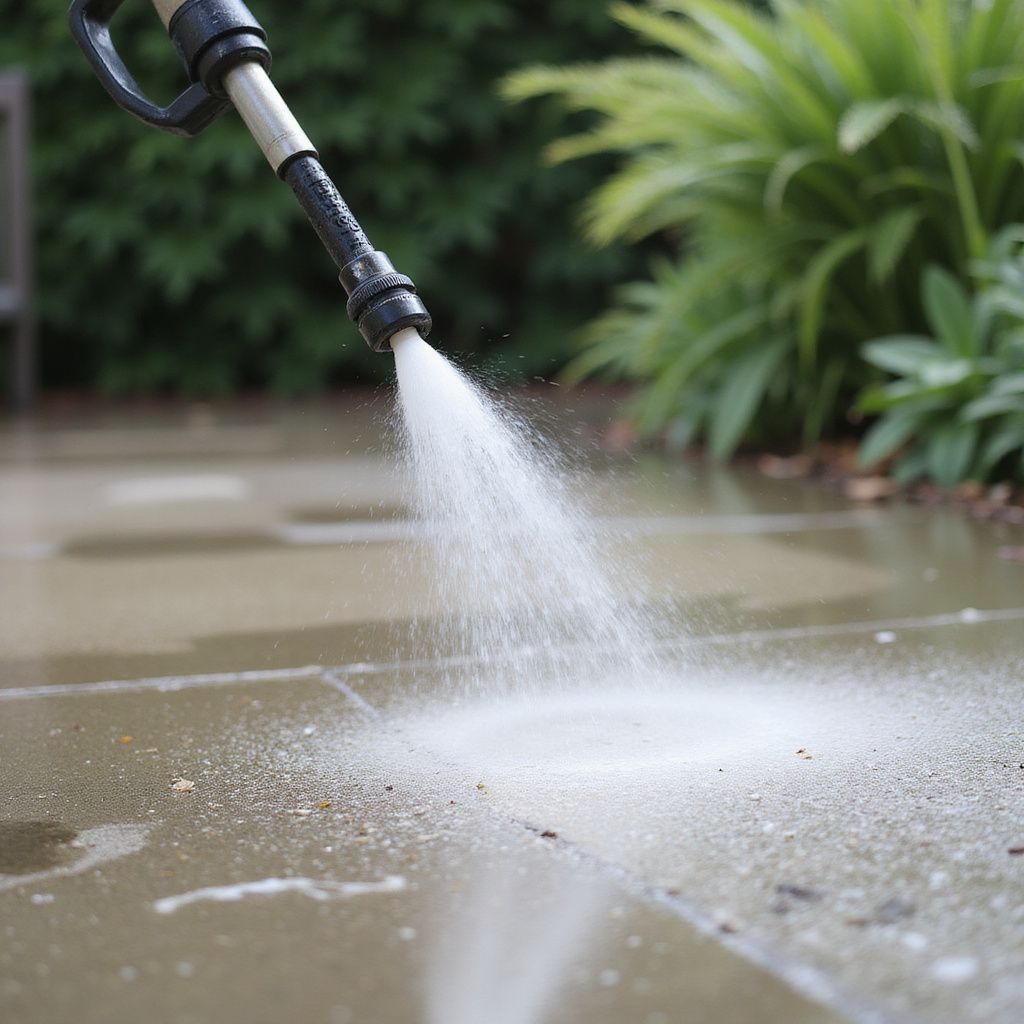 Pressure washer spraying water onto a stone patio.