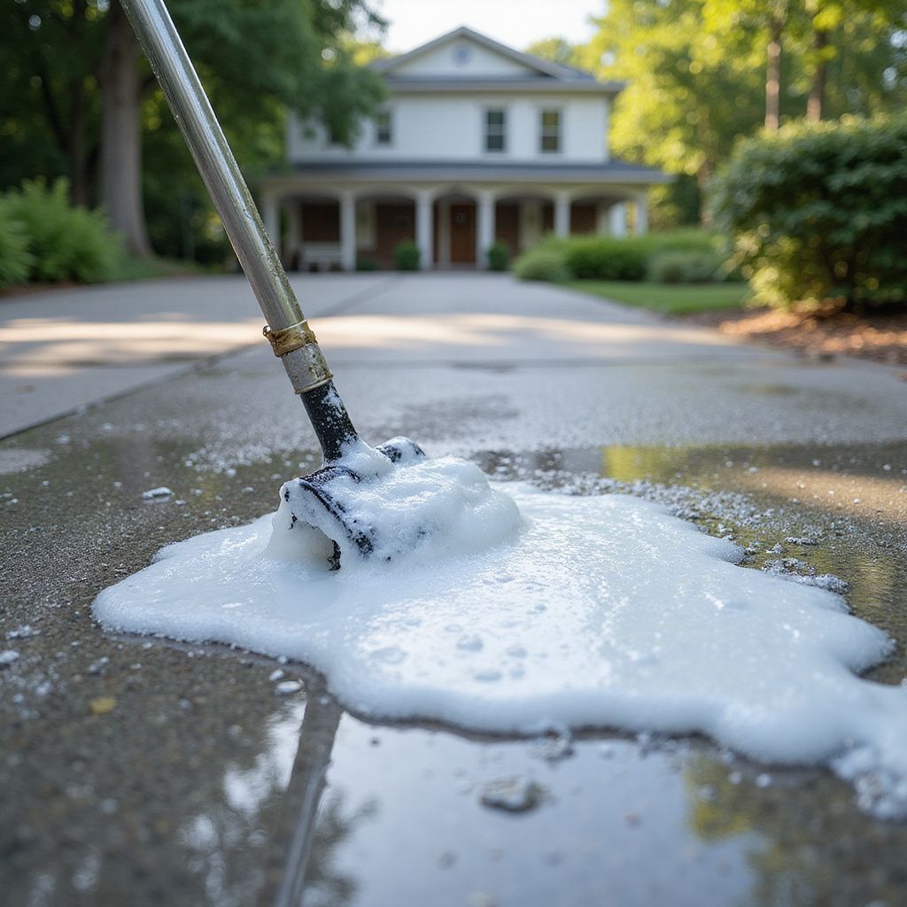 Foamy soap cleaning a concrete driveway in front of a two-story white house.