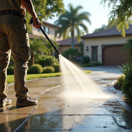 Person pressure washing a concrete driveway in front of a house.