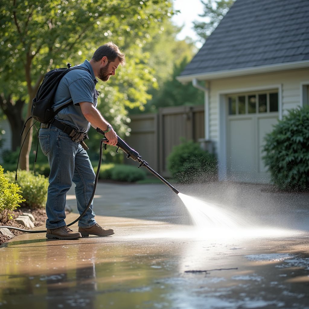 Man pressure washing a concrete driveway with a backpack sprayer in front of a house.