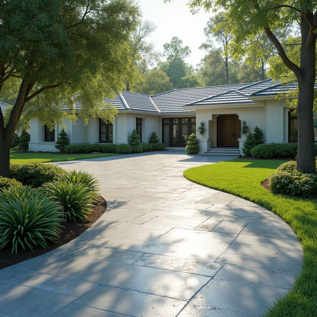 Elegant home with a curving driveway, surrounded by lush green lawn and trees, under a bright sky.