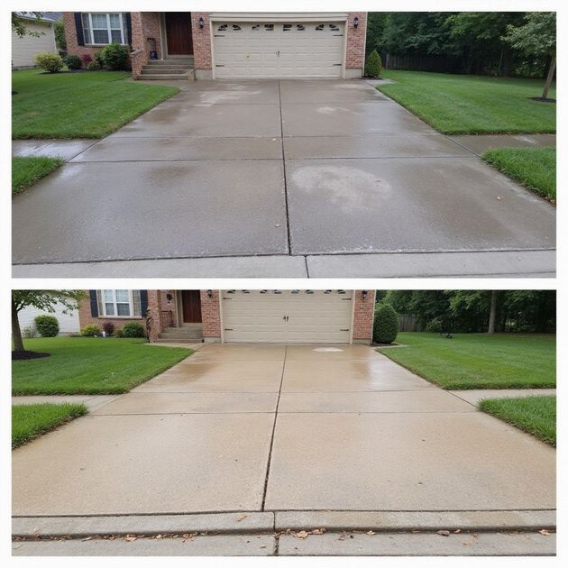 Driveway before and after power washing, showing cleaner concrete.