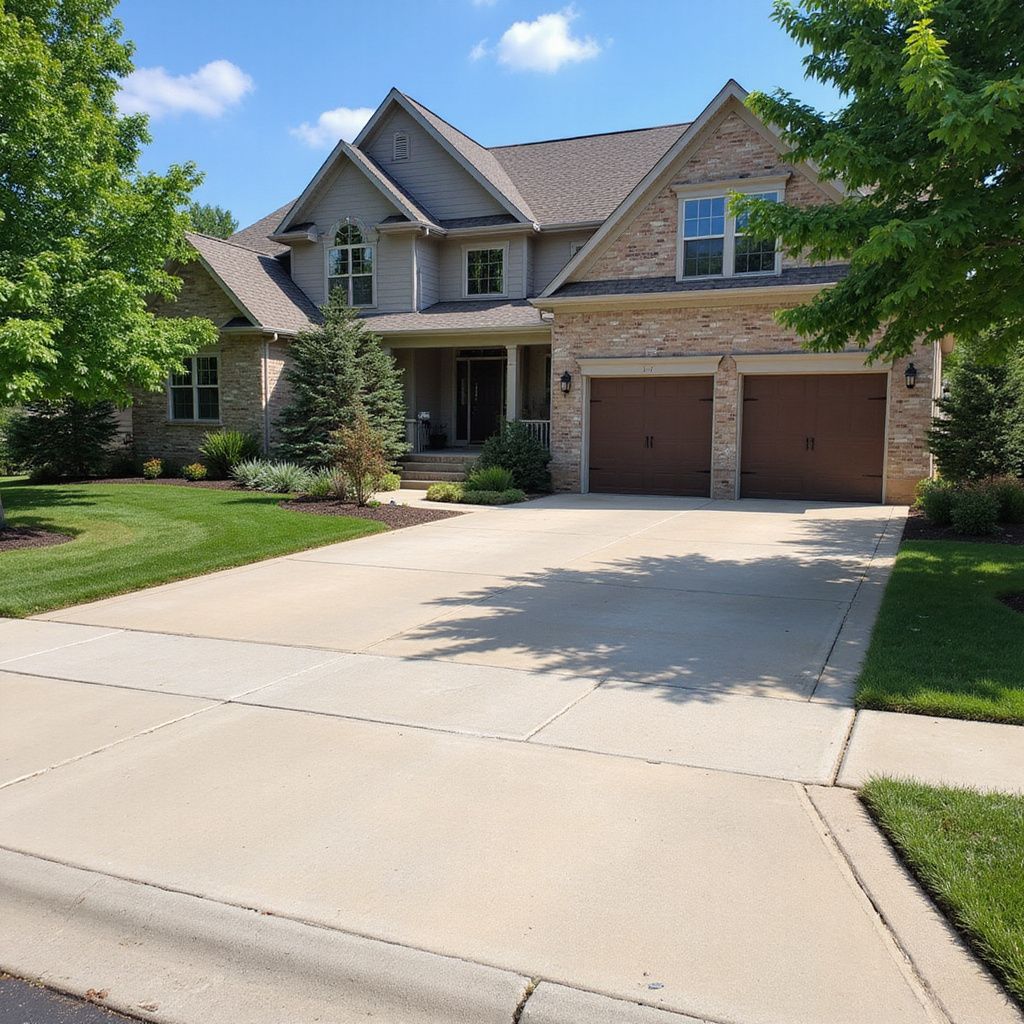 Two-story brick house with a brown roof and garage doors, surrounded by green lawns and trees.