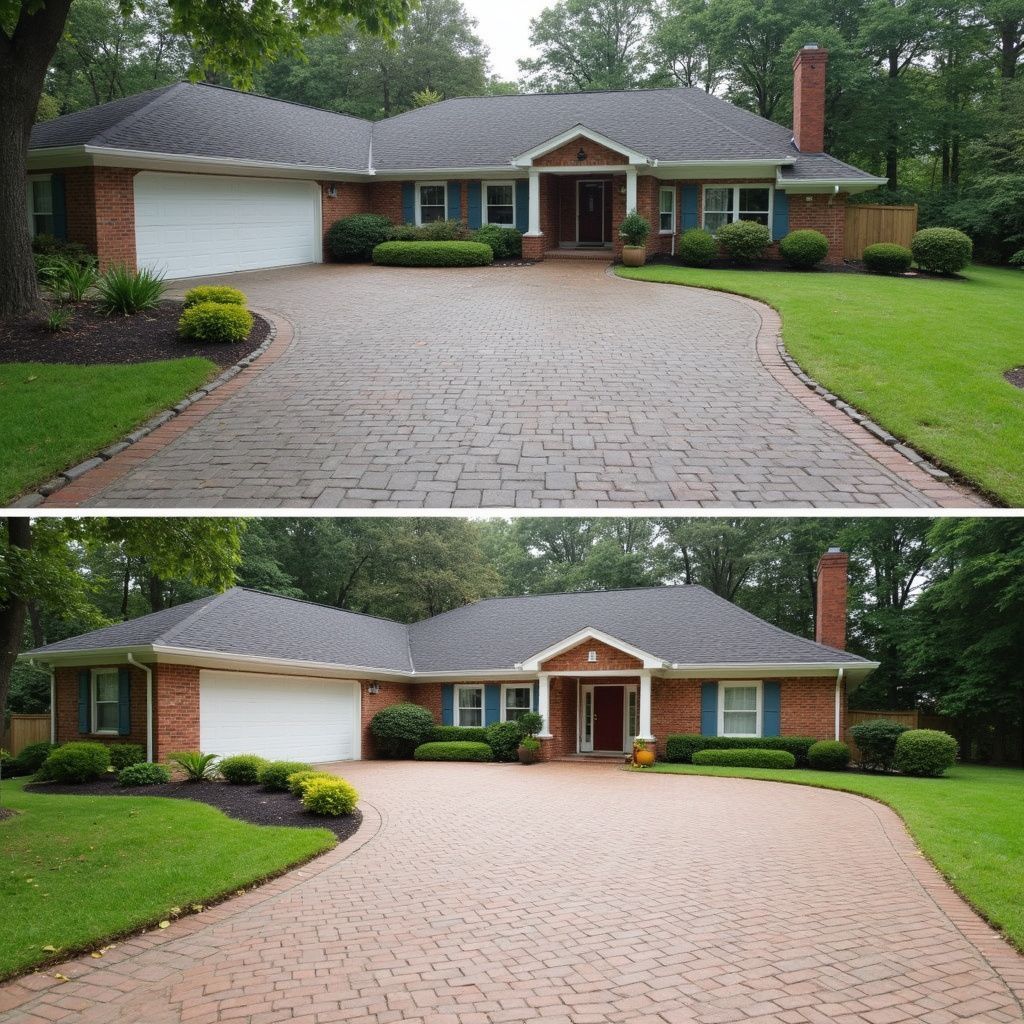 Two brick houses with driveways, the top one is more faded.