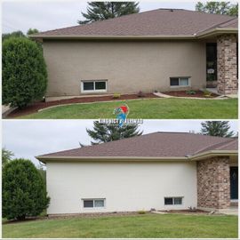 Comparison of a house exterior before and after painting; tan to white.