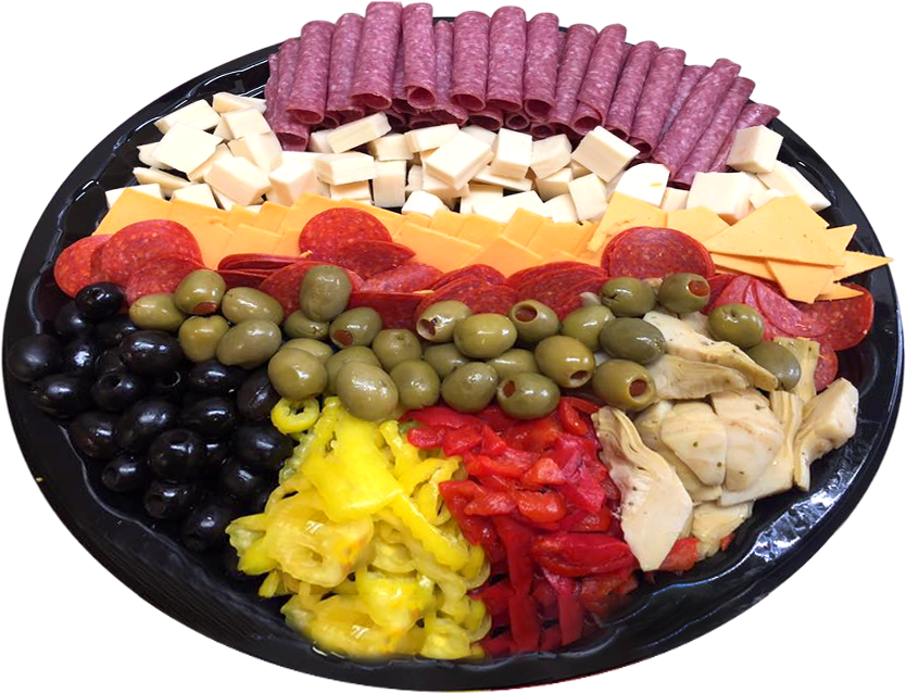 A round catering tray arranged with sections of salami, cubed cheese, sliced cheddar, olives, artichokes, and peppers.