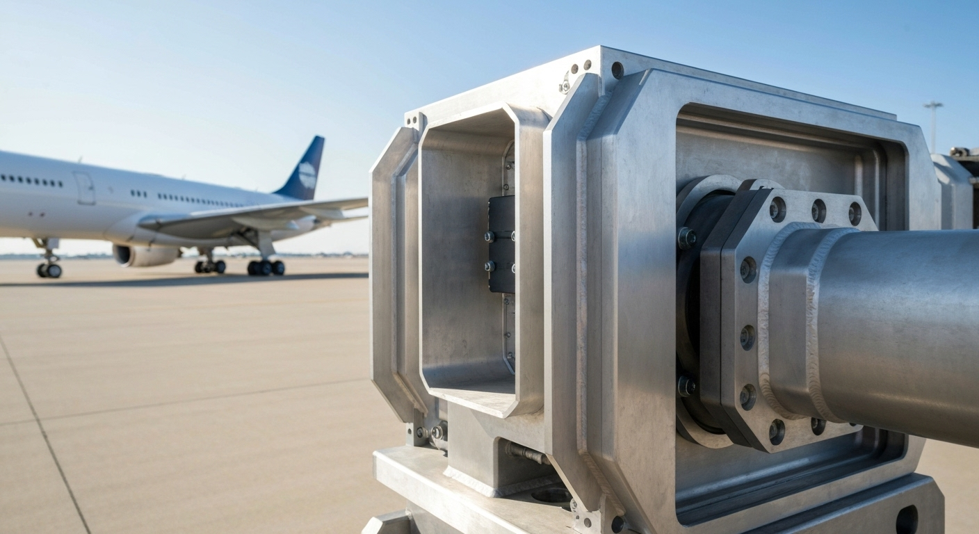 Large metallic device, possibly a laser, on tarmac with a blurred airplane in the background on a sunny day.