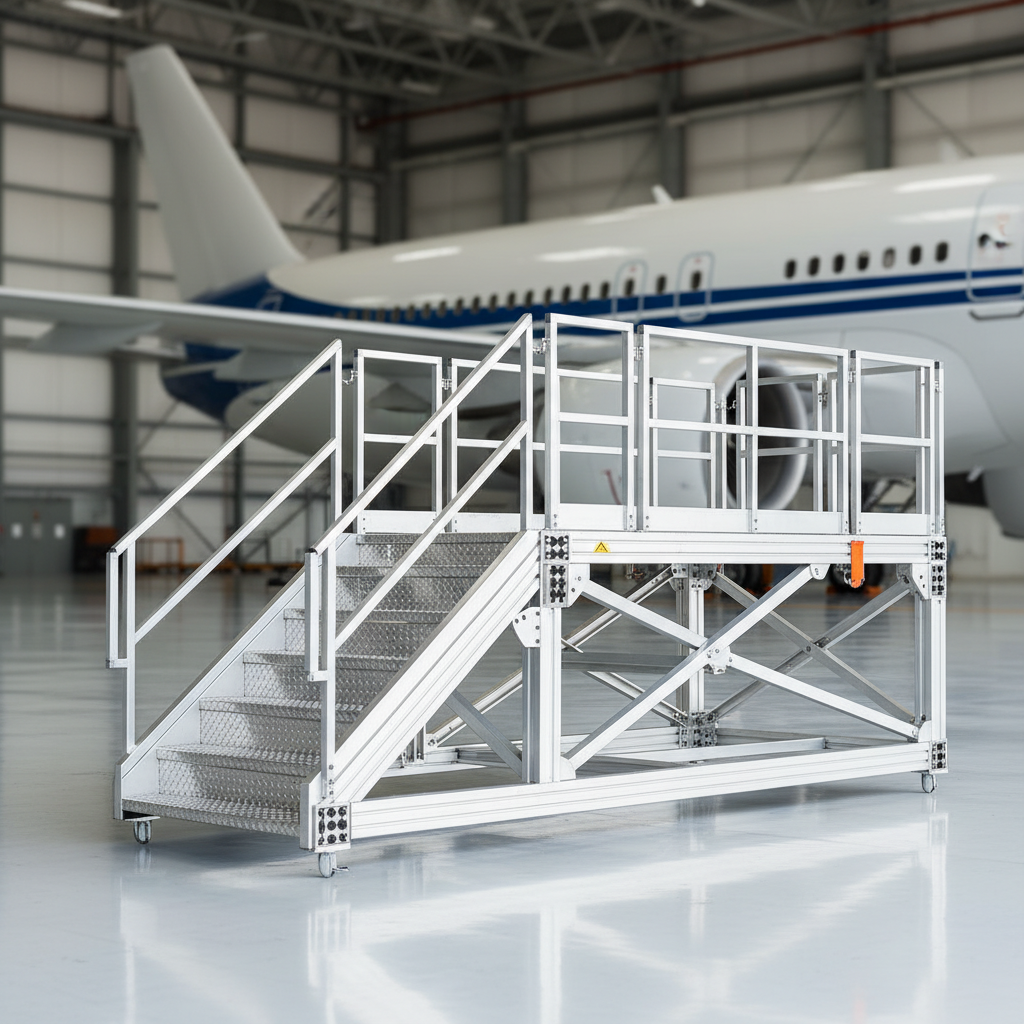 Aluminum aircraft maintenance stairs in a hangar, with an airplane in the background.