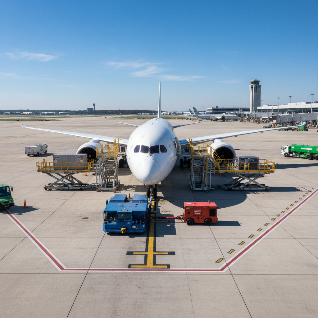 White passenger jet at an airport, surrounded by loading equipment and service vehicles, against a clear blue sky.