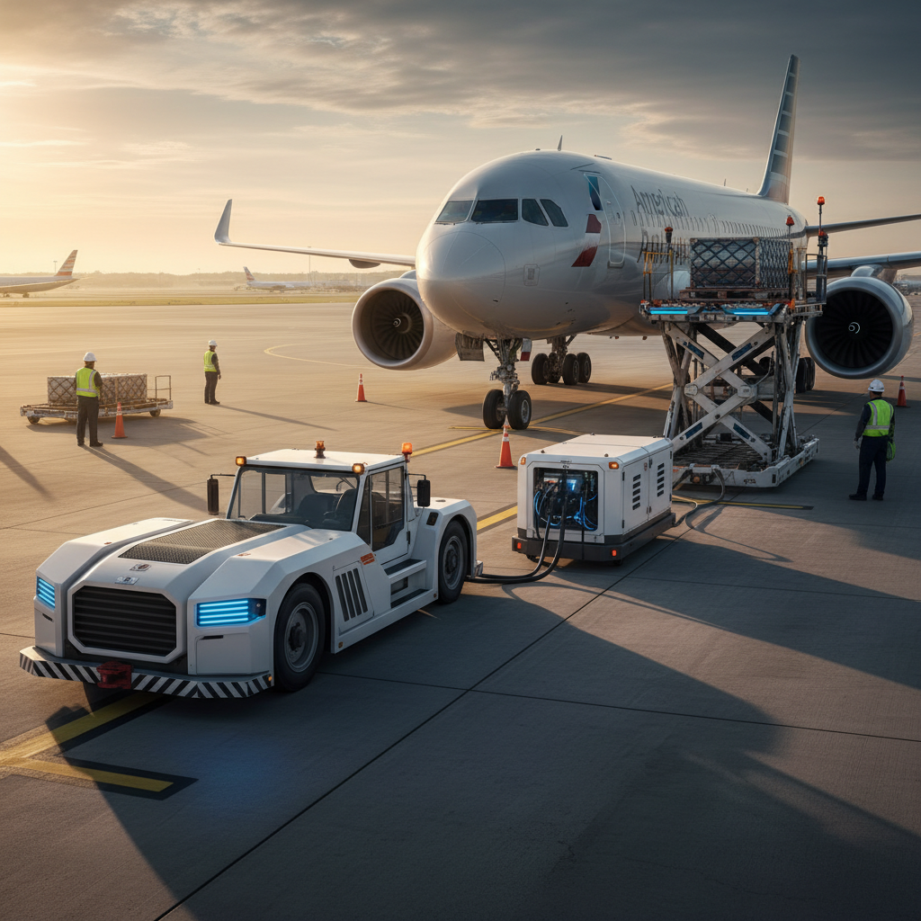 Aircraft being serviced on an airport tarmac. Workers loading cargo near a white tug vehicle and generator.