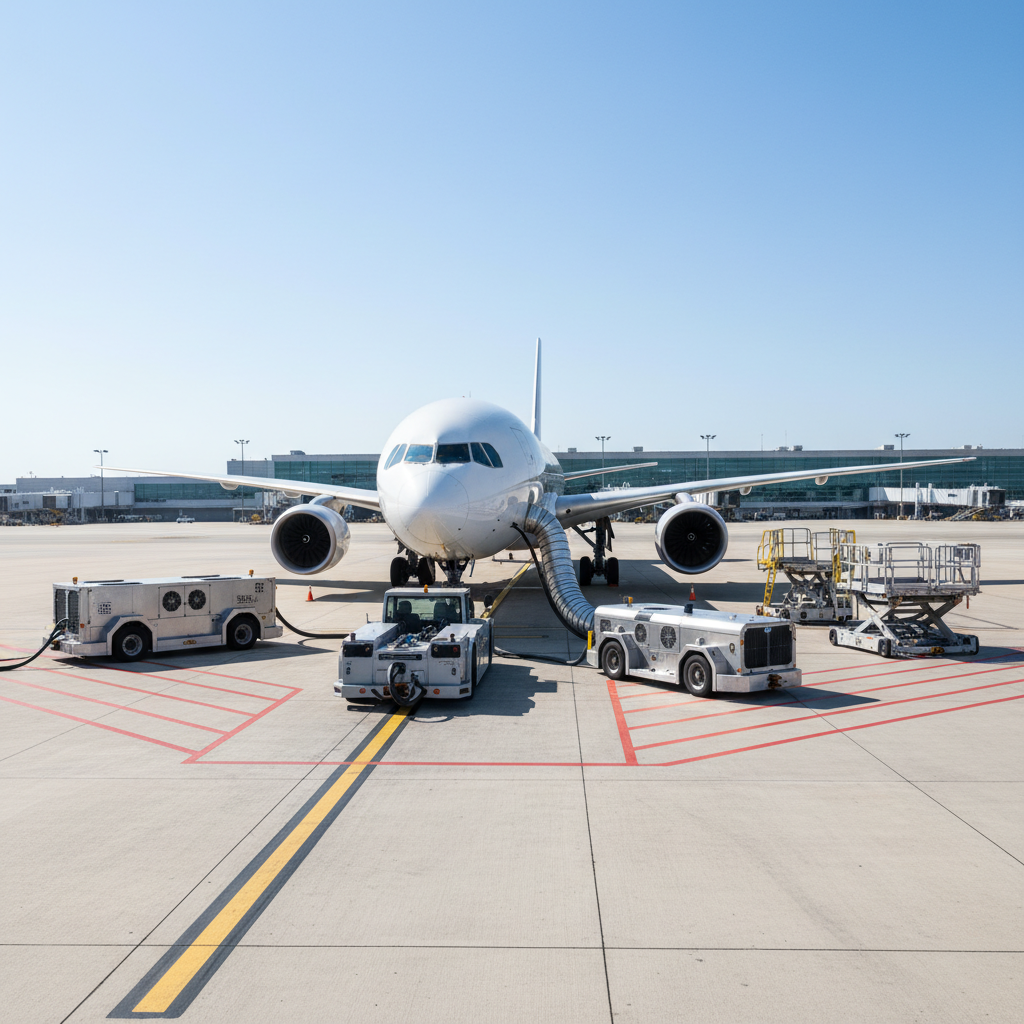 Airplane on tarmac with service vehicles, boarding stairs extended. Sunny day, clear blue sky.