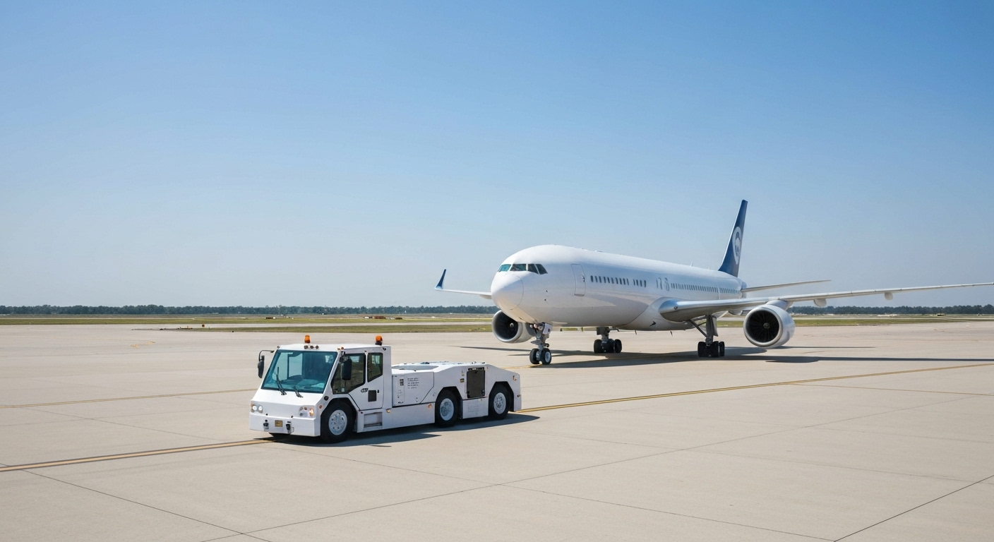 White airplane being towed by a white tug vehicle on a sunny airport tarmac.