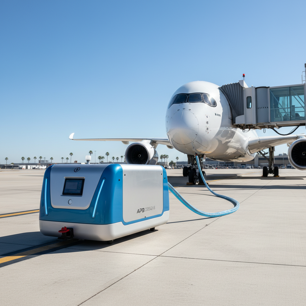 Ground power unit connected to an airplane on a sunny airport tarmac.