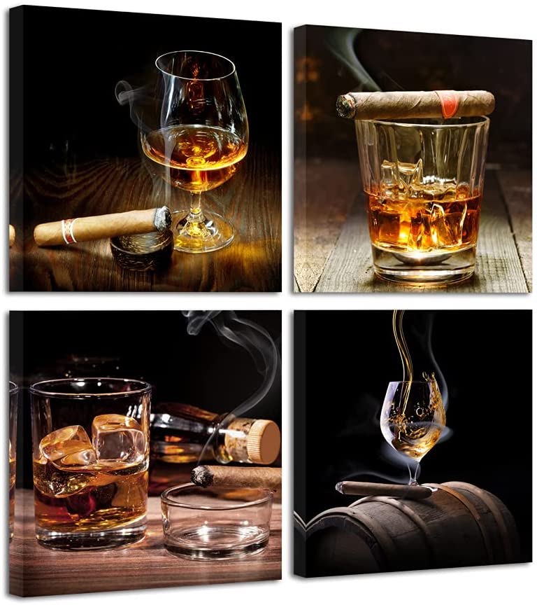 A set of four paintings of whiskey and cigars on a wooden table.