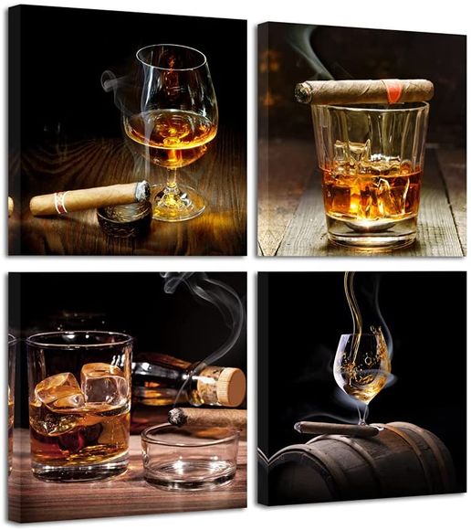 A set of four paintings of whiskey and cigars on a wooden table.