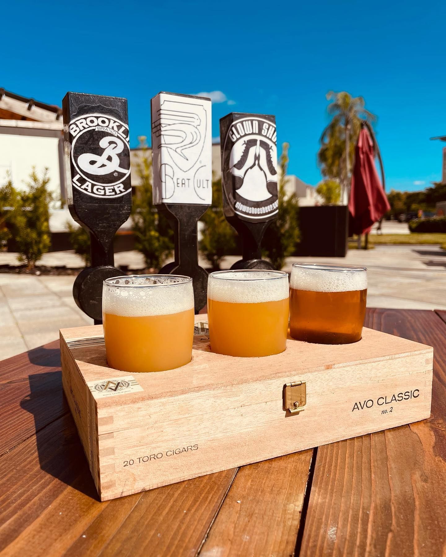 Three glasses of beer are sitting on top of a wooden box on a table.