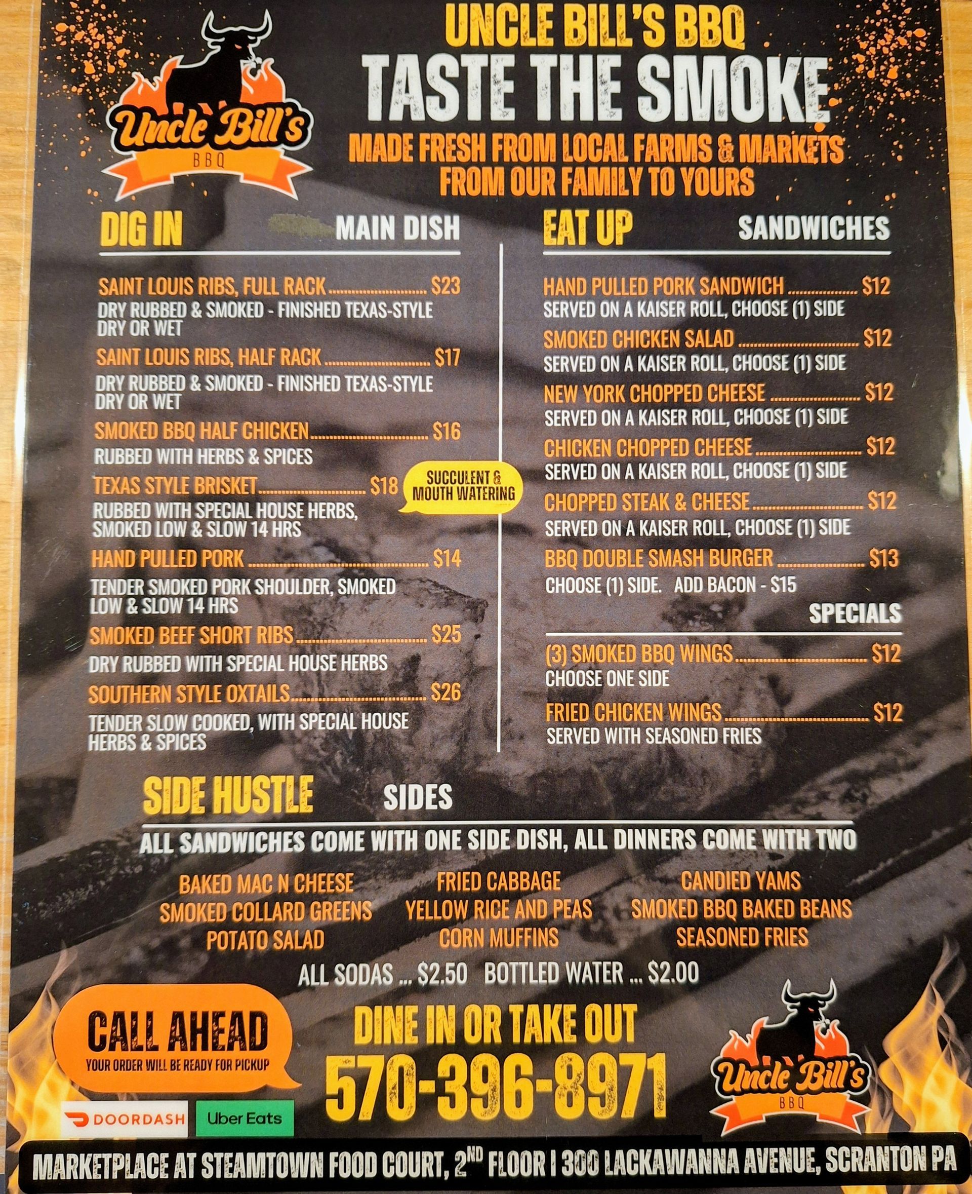 Uncle Bill's BBQ menu. Lists main dishes, sides, and sandwiches with prices. Features logo and phone number.