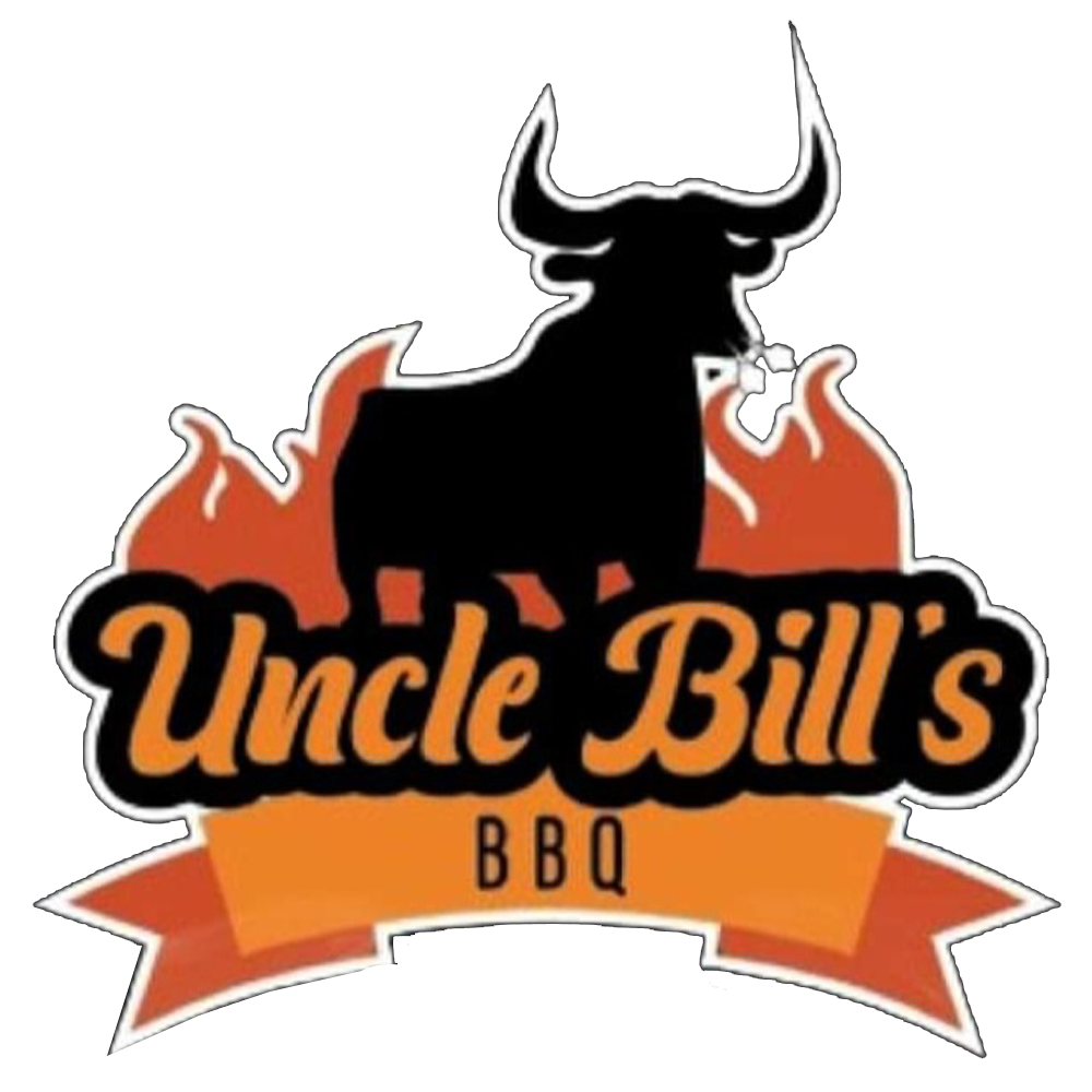 Logo for Uncle Bill's BBQ, featuring a black bull silhouette atop flames and text, with a banner that reads 