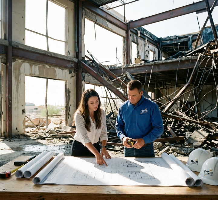 Two people review blueprints in a damaged building interior with debris and exposed beams.