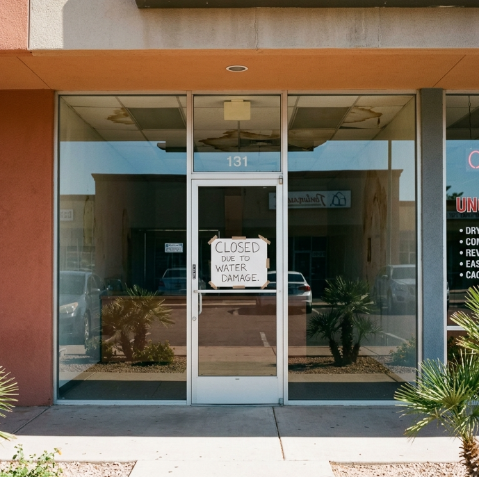 Glass storefront with a closed sign on the door and potted plants inside