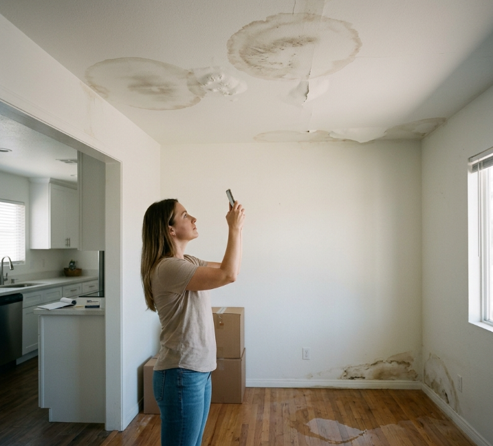 Person inspecting water-damaged ceiling in a mostly empty room with peeling paint and stains