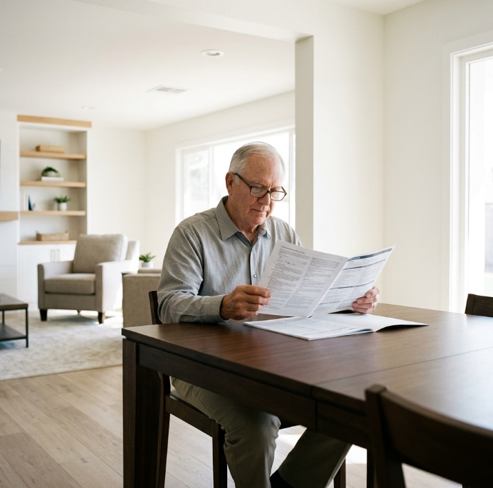Man reading paperwork at a dining table in a bright living room
