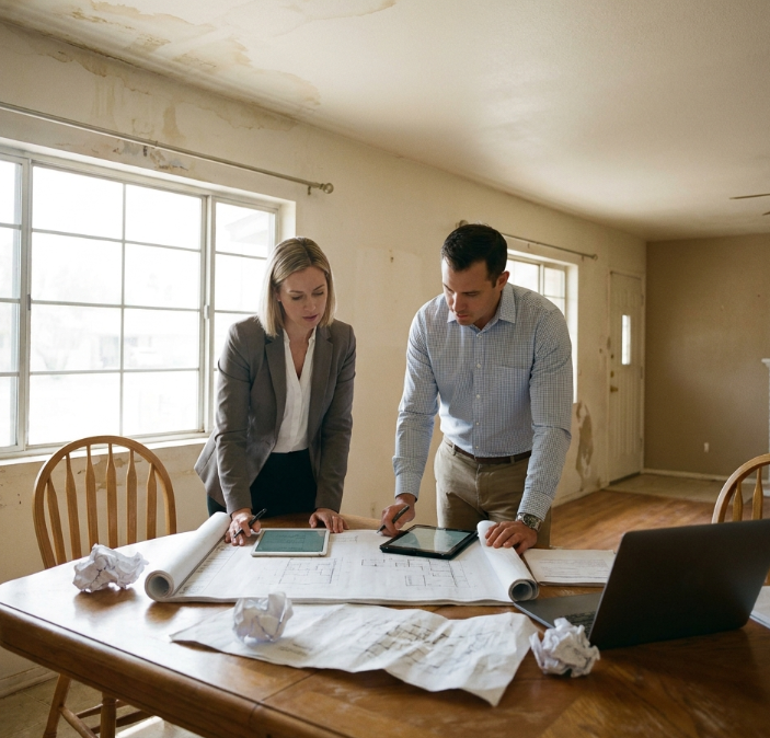 Two independent appraisers reviewing property damage documentation and estimates at a table in a damaged Phoenix home.