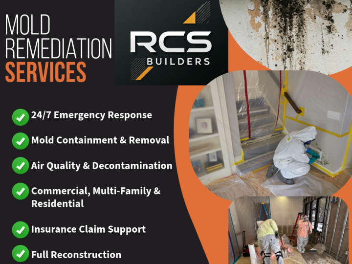 Advertisement for RCS Builders mold remediation services. Orange and black design with text and photos of mold and workers in protective suits.