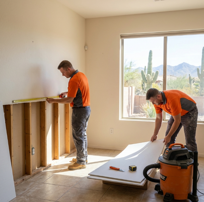 Drywall and interior rebuild after mold remediation in a Greater Phoenix home.
