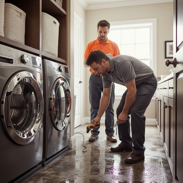 “Laundry room water damage in a Queen Creek home requiring professional mitigation and restoration services.”