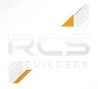 Logo for RCS Builders: Silver letters with orange accent triangles and line details.