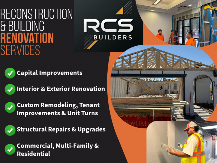 Construction company advertisement with services listed. Features photos of construction work and the company logo.