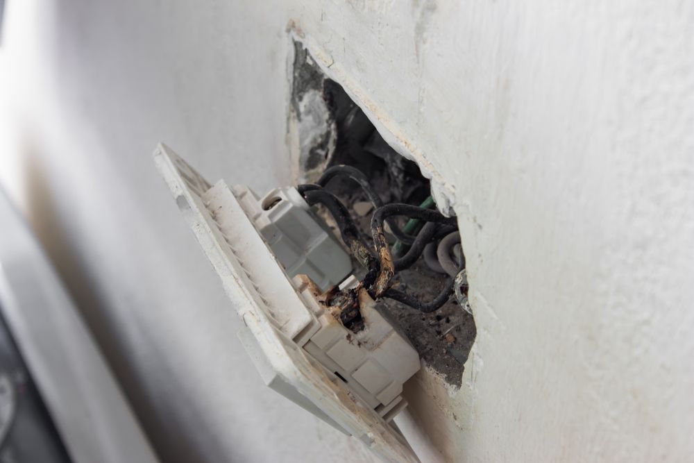 Damaged electrical outlet with exposed wires in a wall, showing signs of burning and wear.