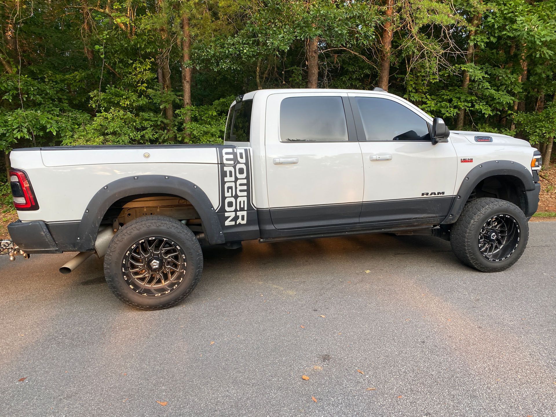 A white truck is parked on the side of the road in front of a forest.