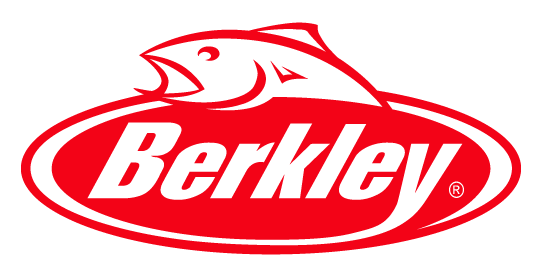 A red and white berkley logo with a fish on it.
