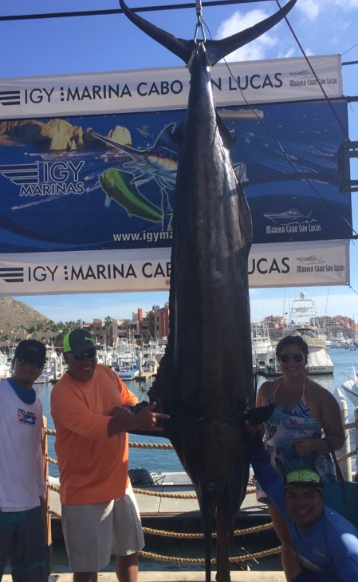 A man is holding a large fish in front of a sign that says igy marina cabo