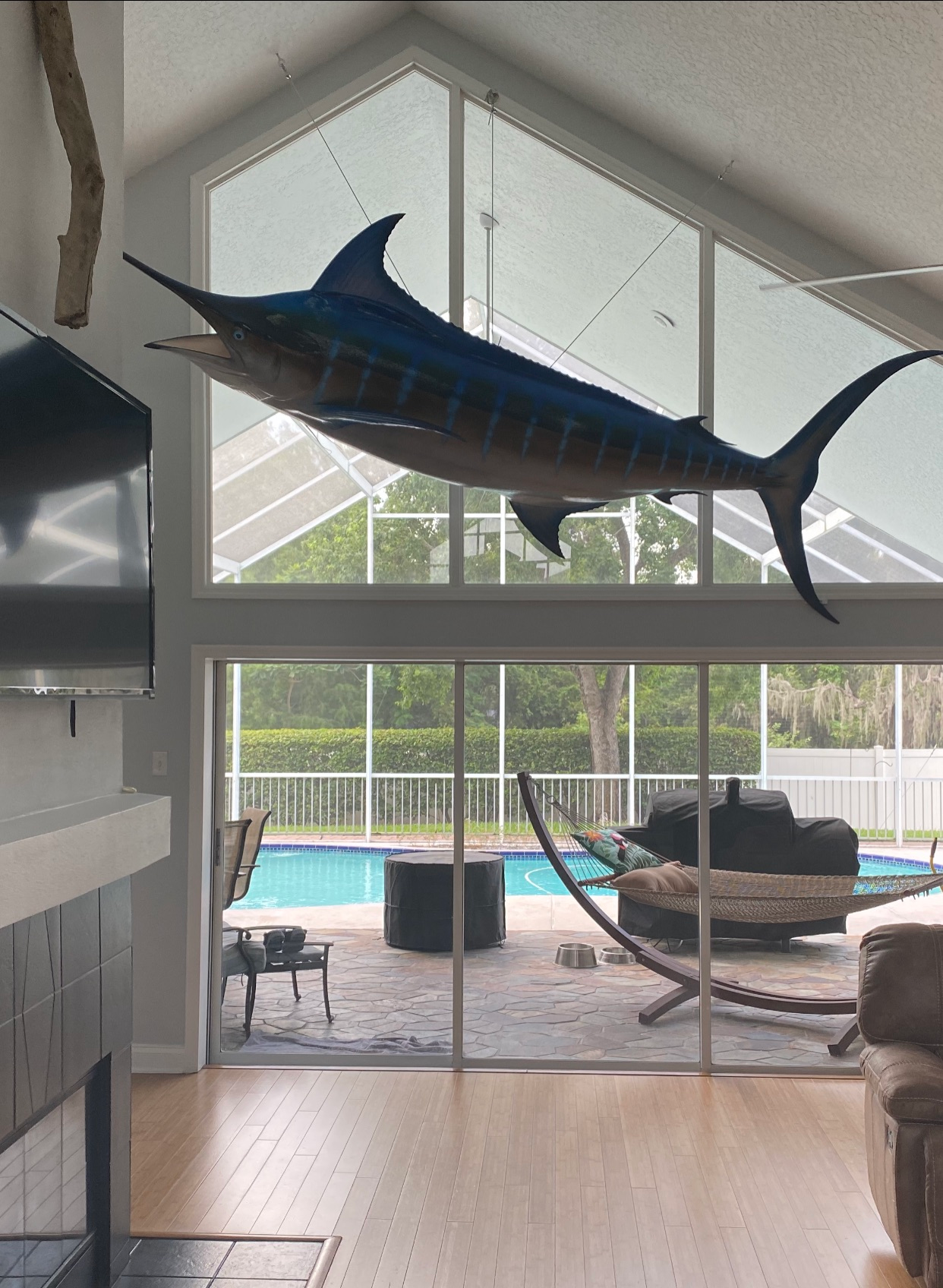 A large fish is hanging from the ceiling in a living room
