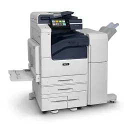 Large Xerox multifunction printer. White and dark blue. Touchscreen display.