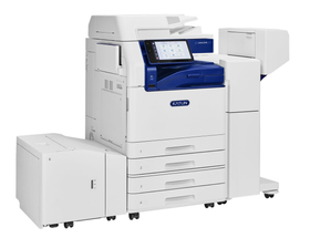 White and blue Xerox multi-function printer with various paper trays and control panel.
