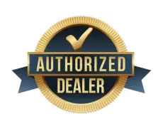 Authorized dealer badge with gold checkmark and text on a blue background.