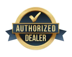 Authorized dealer badge with gold checkmark and text on a blue background.