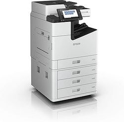 Epson multi-function printer with three paper trays. White exterior, black control panel.