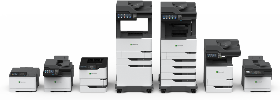 A group of printers are lined up in a row on a white background.