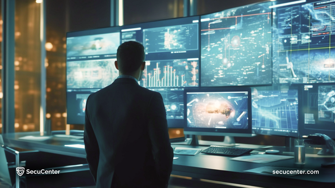 Man in a suit looking at multiple computer monitors displaying data visualizations in a control room, night setting.