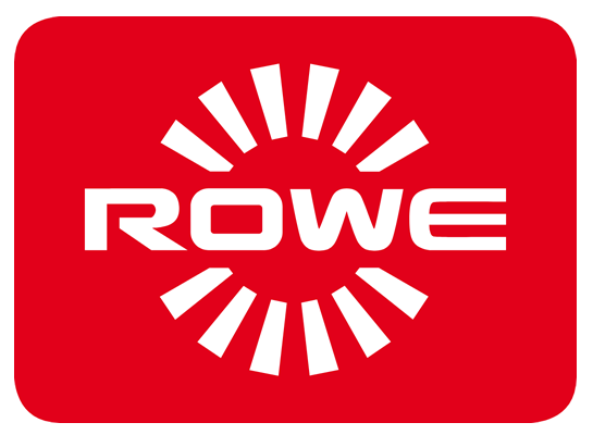 A red and white rowe logo on a white background