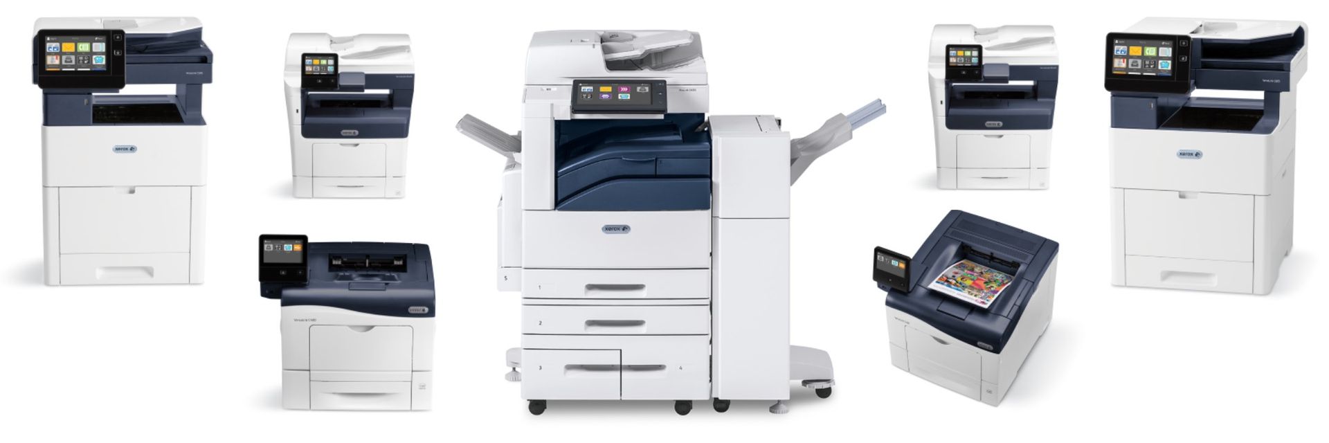 A collage of different types of printers on a white background.