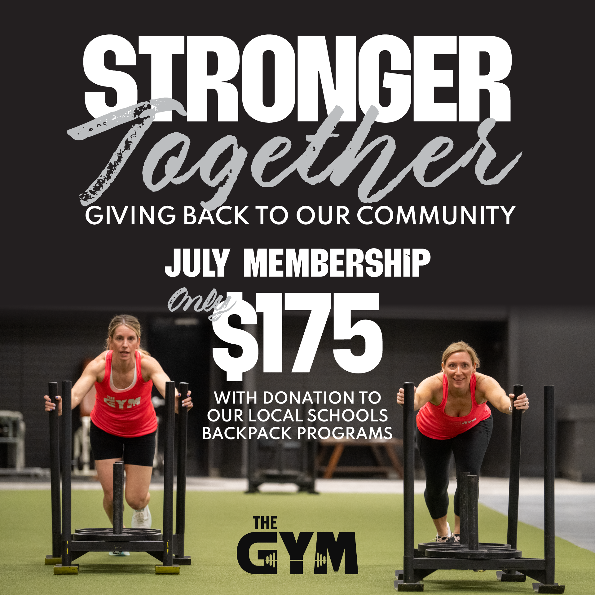 A poster that says stronger together giving back to our community