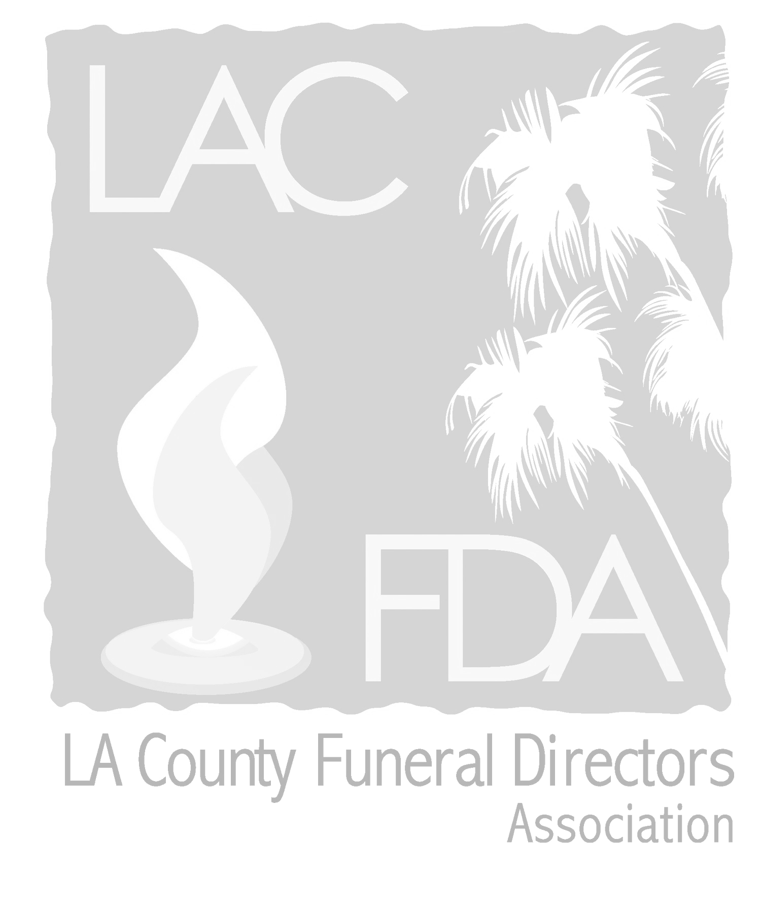 Gray logo for LA County Funeral Directors Association: flame, palm trees, text.
